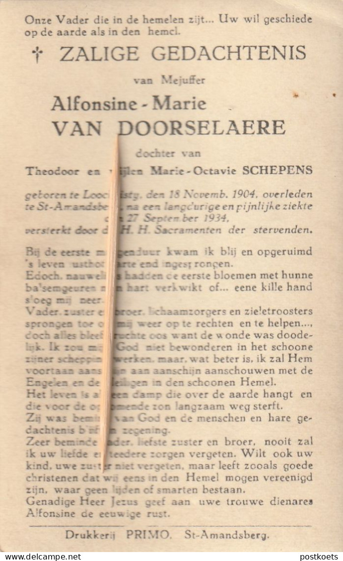 Lochristi, Loochristy, Sint-Amandsberg, 1934, Alfonsine Van Dooselarre, Schepens - Devotion Images