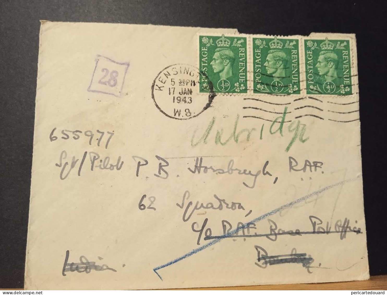 GB, Cachet N° 28 Le 17 Janvier 1943, RAF Base Post Office Bombay Aout 1943 Au Verso, - Covers & Documents