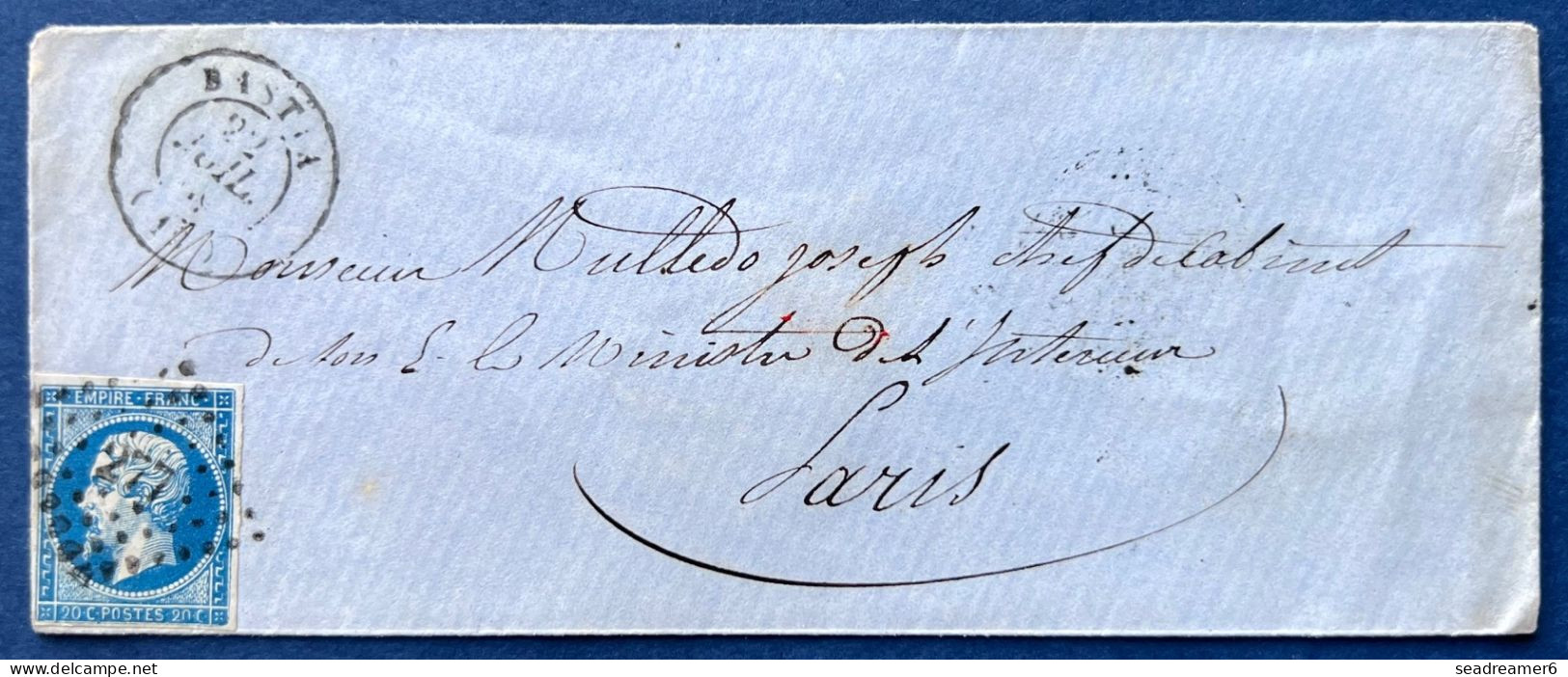 Lettre Napoleon N°14 20c Bleu (variété 0 Cassé) Oblitéré PC 277 + Dateur T15 De BASTIA Pour PARIS TTB - 1853-1860 Napoléon III