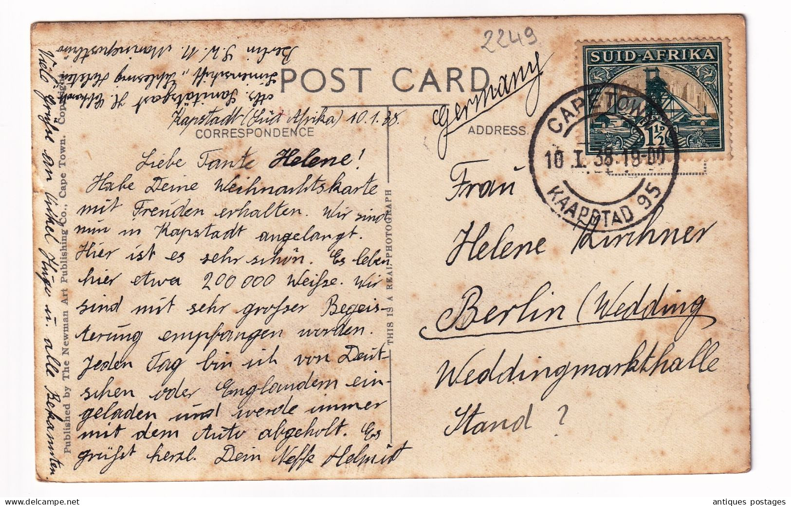 Post Card South Africa Captown 1938 Kaapstadt Südafrika Deutschland Berlin Germany Photo Eventide Over The Cape - Lettres & Documents