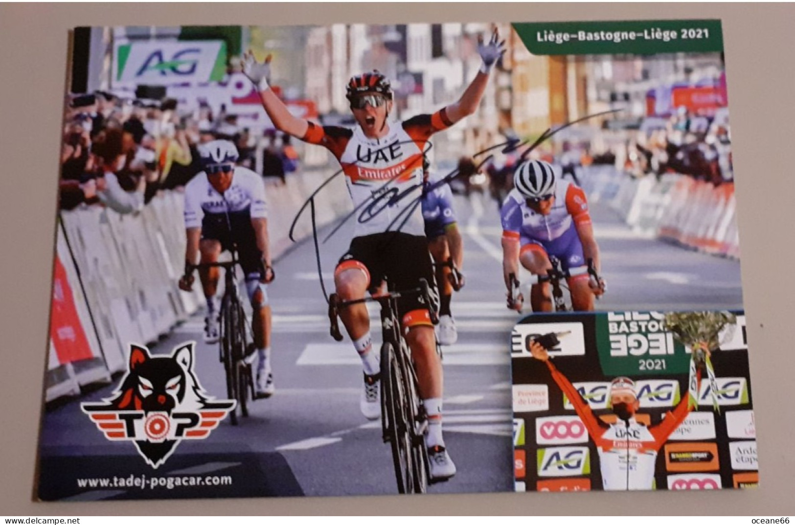 Autographe Tadej Pogacar Liege Bastogne Liege 2021 Format A5 - Cycling