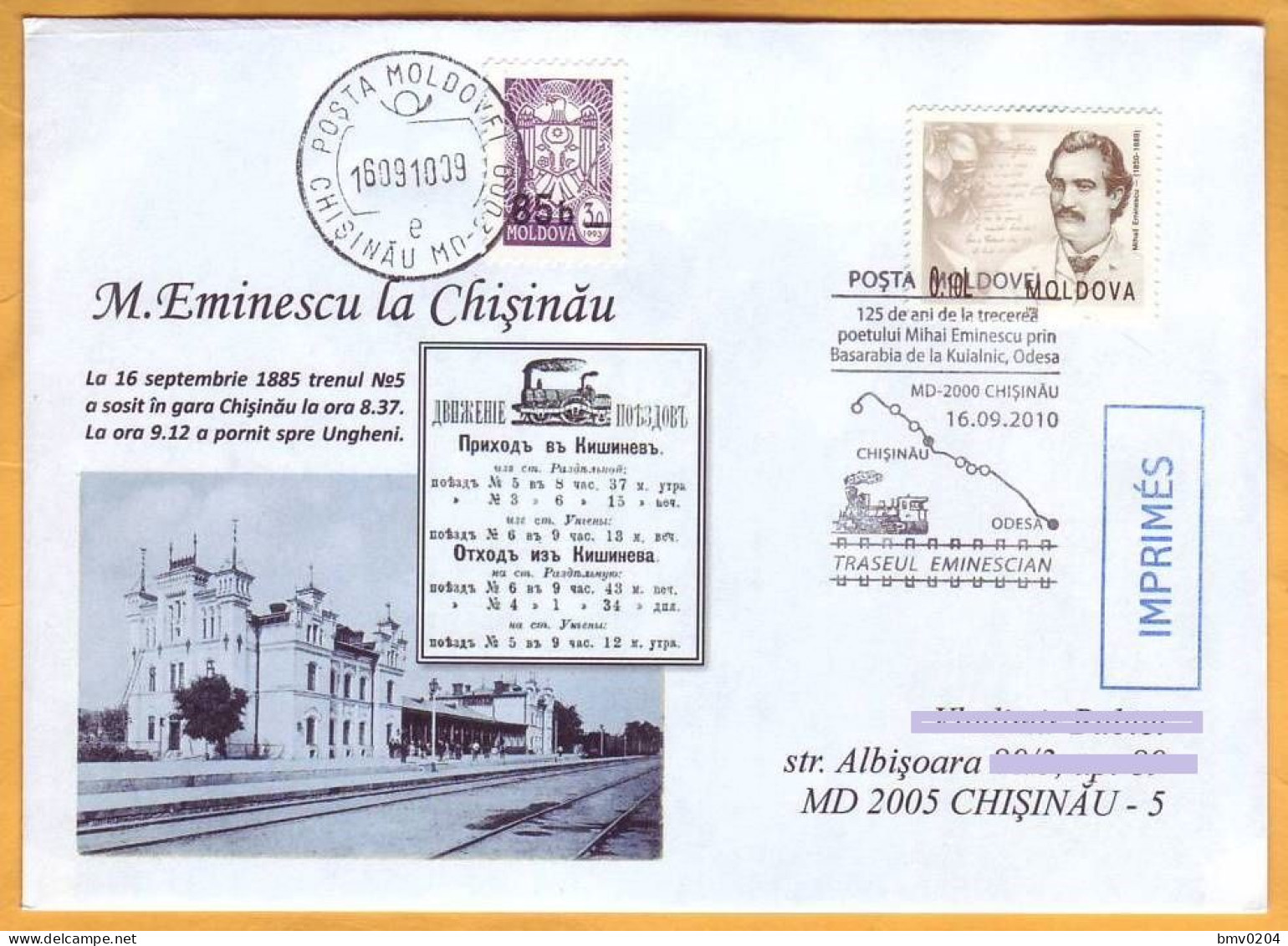 2010 Moldova Bessarabia Special Envelope Eminescu In Chisinau 1885, Locomotive, Train Station, Train Movement - Moldawien (Moldau)