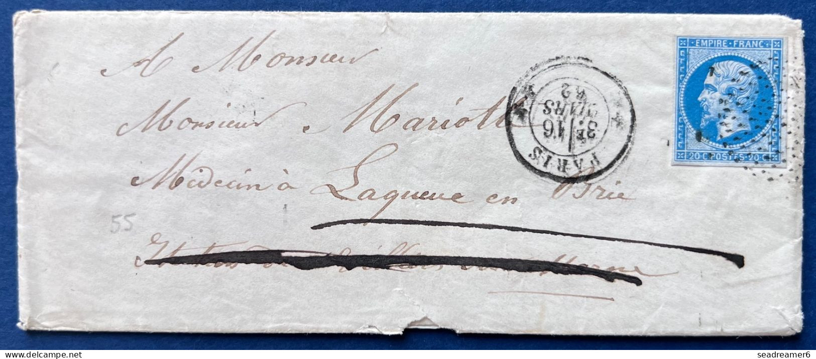 Lettre 16 MARS 1862 N°14 20c Bleu Oblitéré Bouchon + Dateur Double étoile De Paris Pour LA QUEUE EN BRIE - 1853-1860 Napoléon III.