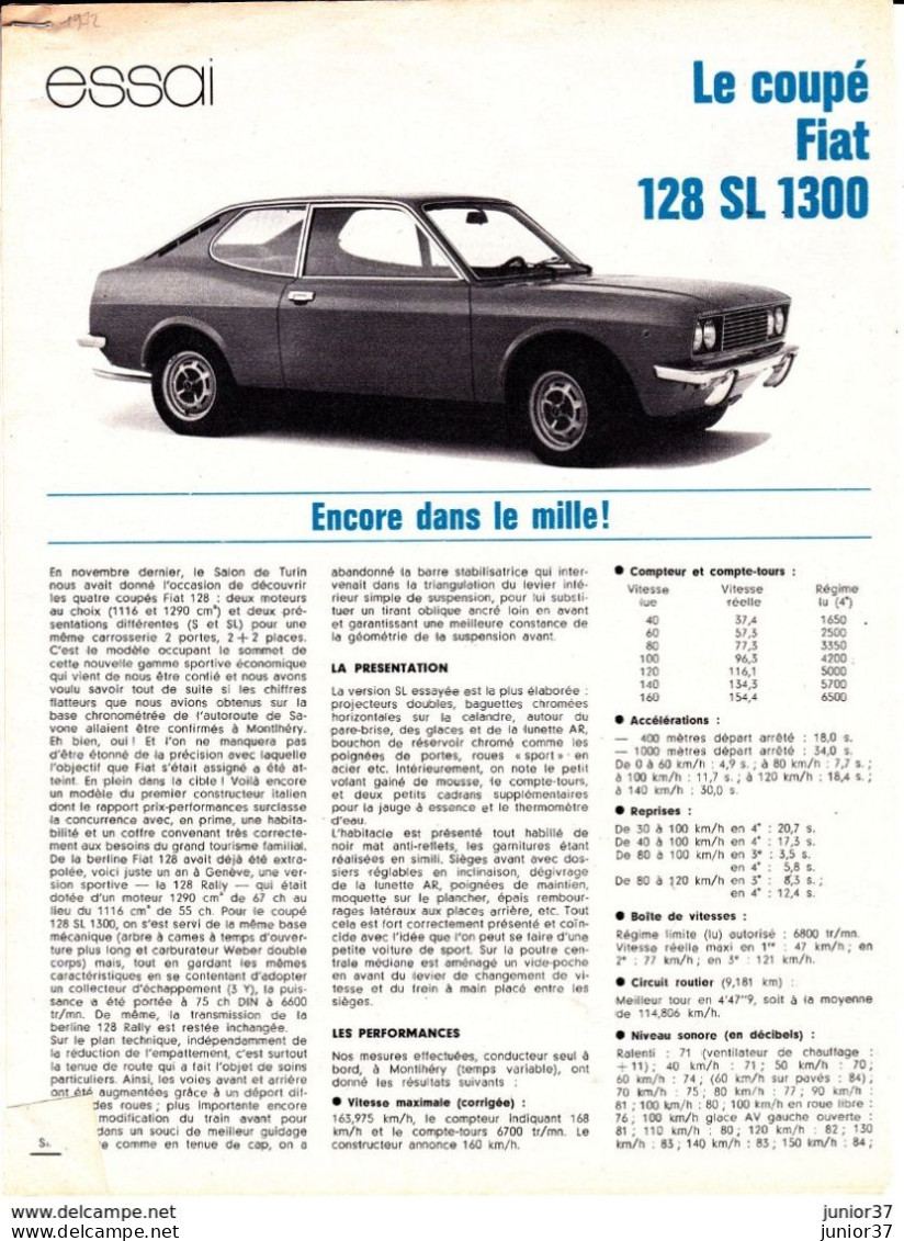 4 Feuillets De Magazine Fiat 128 Berlinetta 1975, Coupé 1973,  LS 1300 1972, Special 1974 - Coches