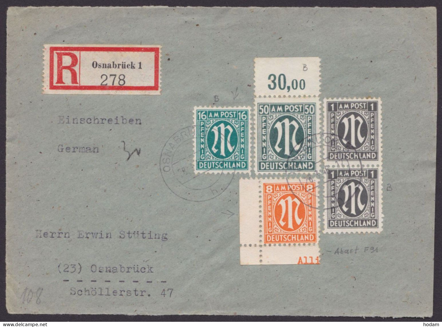 MiNr 5, 16, 25, 32, MiF Mit 5 Werten, Orts-R-Brief "Osnabrück", 28.3.46 - Briefe U. Dokumente