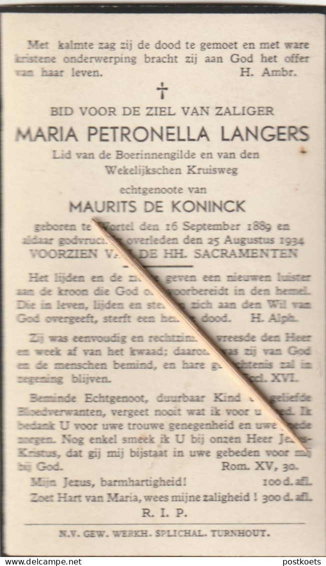 Wortel, 1934, Maria Langers, De Koninck - Devotion Images