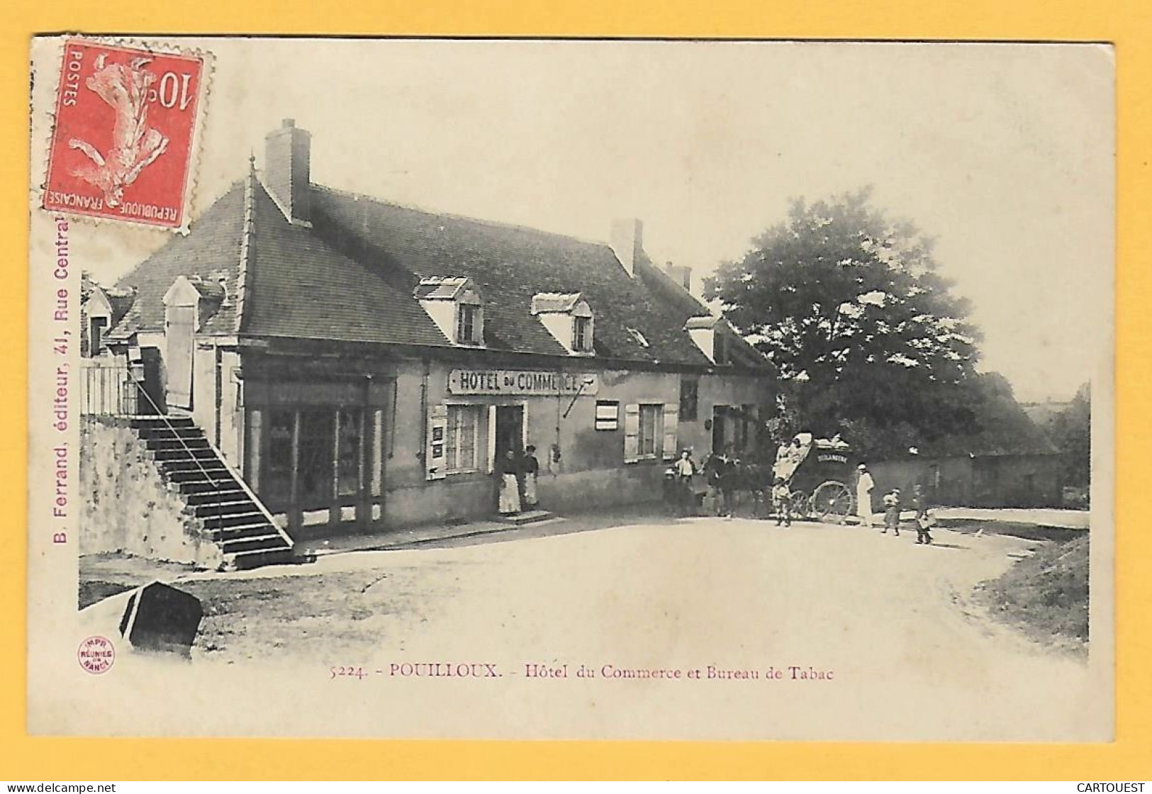 CPA POUILLOUX Hôtel Du Commerce Et Bureau De Tabacs 1908 ( Attelage Ambulant BOULANGERIE ) - Digoin