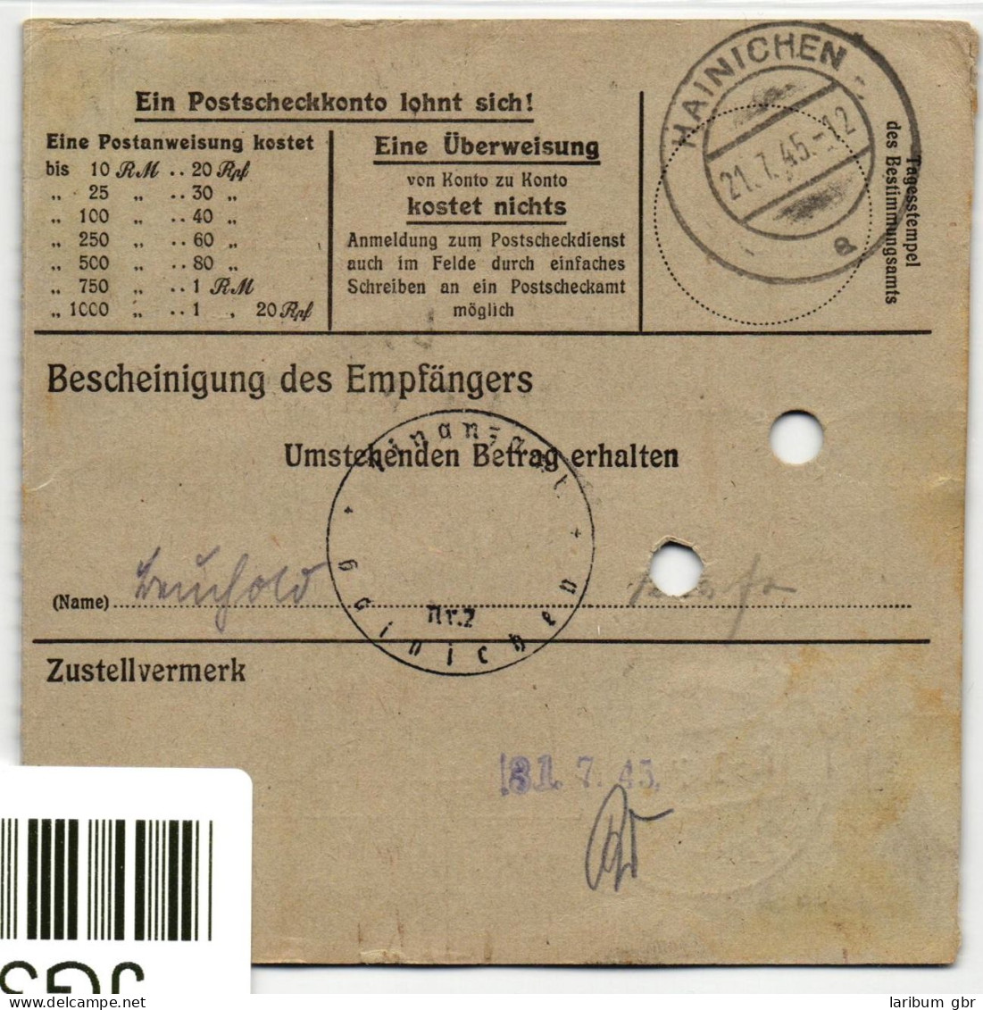 SBZ, Sächsische Schwärzungen Auf Feld-Postanweisung #JG316 - Other & Unclassified