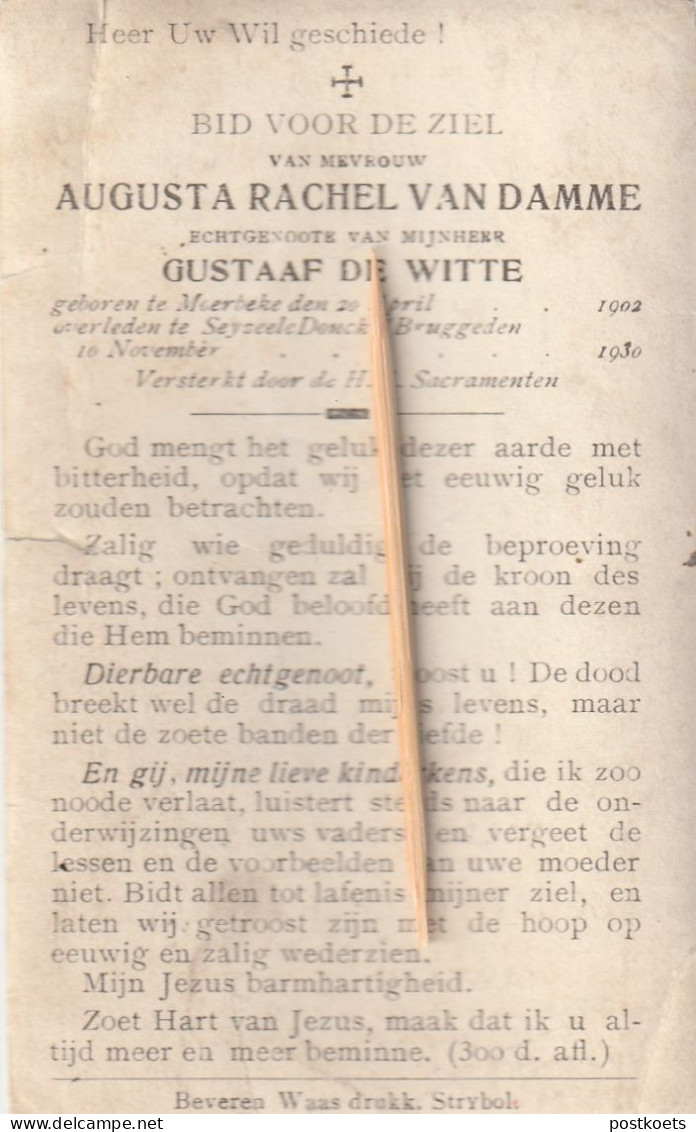 Meerbeke, Sijsele, Seyzeele Donck, 1930,; Augusta Van Damme, De Witte - Devotion Images