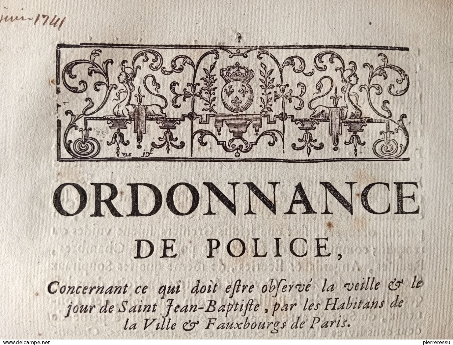 CONTRE INCENDIES PETARDS FUSEES PISTOLETS ARMES A FEU ORDONNANCE DE POLICE AUX HABITANTS DE PARIS 1741 - Decretos & Leyes