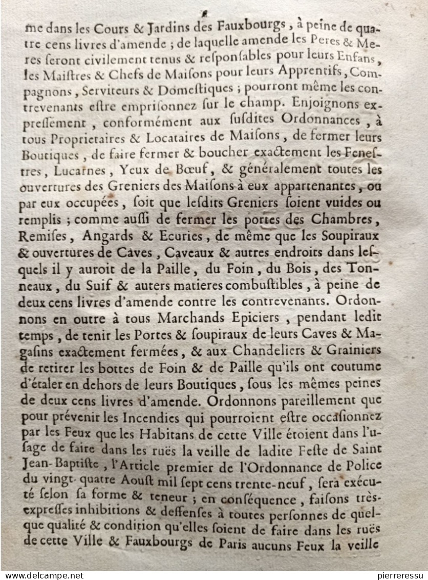 CONTRE INCENDIES PETARDS FUSEES PISTOLETS ARMES A FEU ORDONNANCE DE POLICE AUX HABITANTS DE PARIS 1741 - Decretos & Leyes