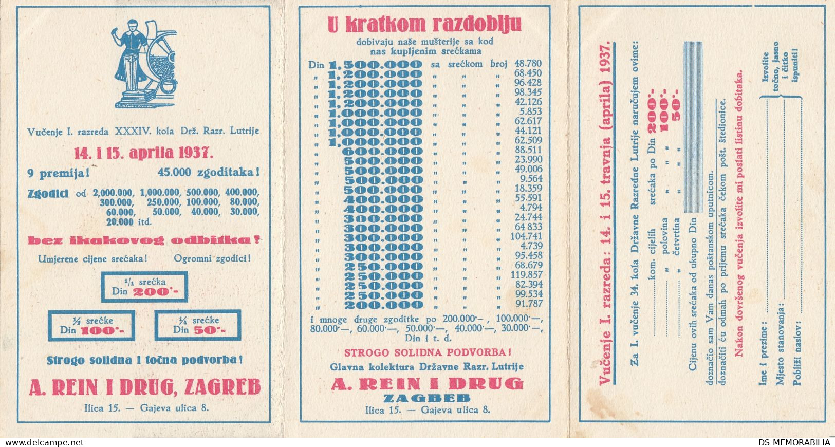 Zgareb - Lutrija Lottery Rein & Drug 1937 - Croatia