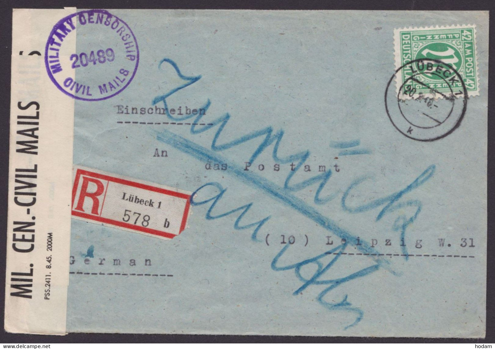 MiNr 31, EF, R-Brief "Lübeck", Militärzensur, Ankunft, "zurück"-Vermerk, Rücks. "Versandstelle Aufgelöst" - Covers & Documents