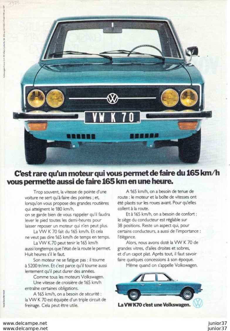 4 Feuillets De Magazine Volkswagen K 70 L 1973 - Auto's