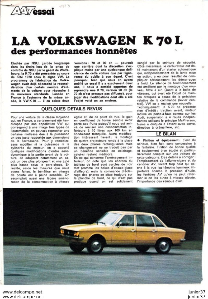 4 Feuillets De Magazine Volkswagen K 70 L 1973 - Automobili