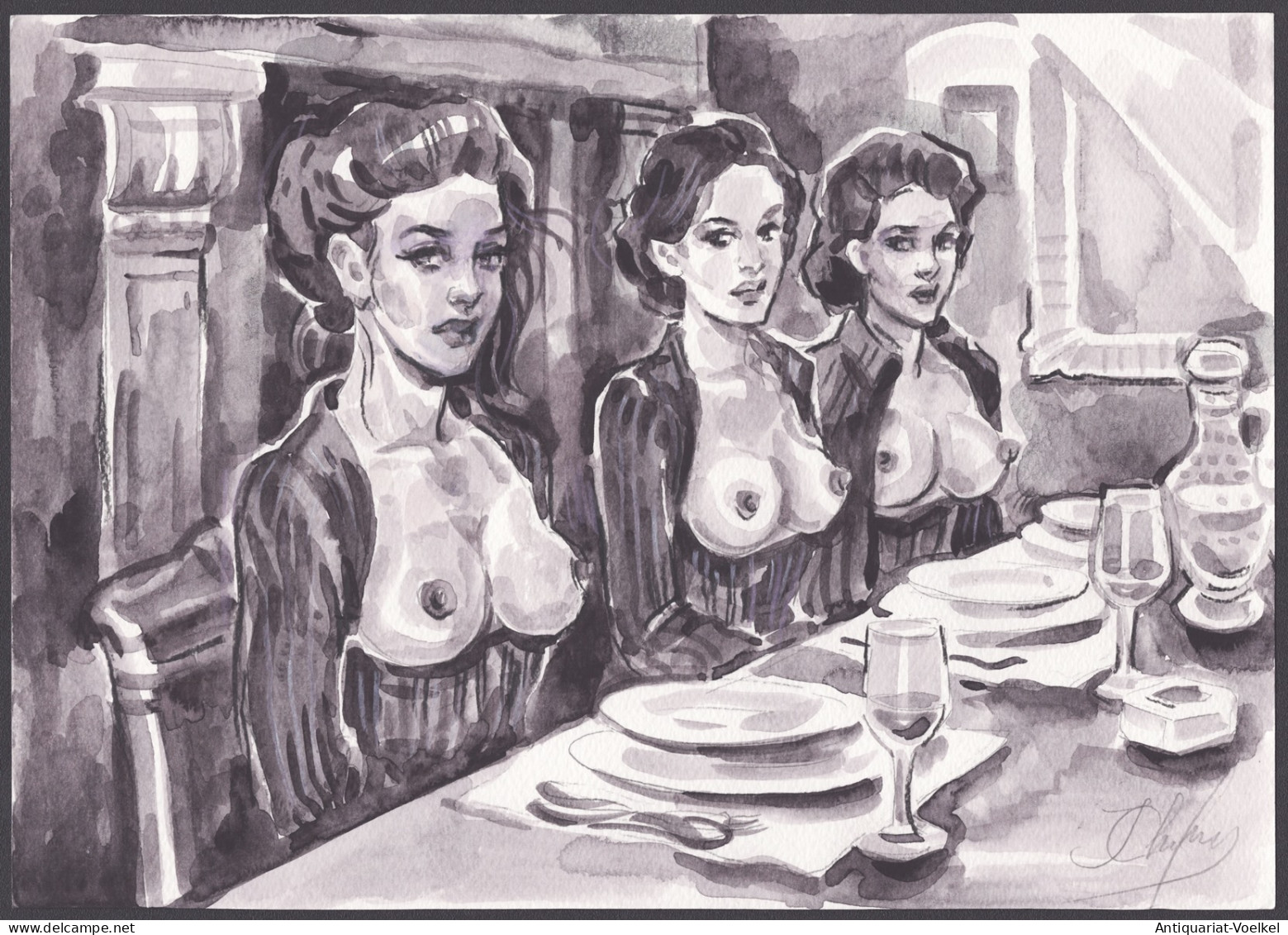 (Drei Frauen Im Restaurant / Three Woman In A Restaurant) - Akt / Aktzeichnung / Frau / Woman / Femme / Nude / - Prenten & Gravure
