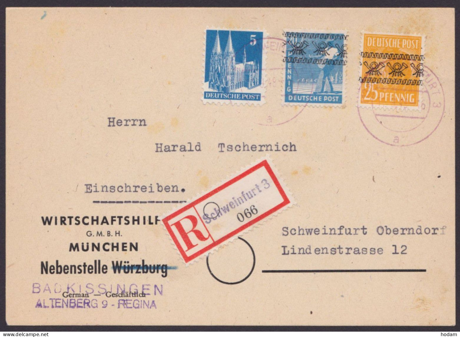 MiNr 43 I, 45 I U.a., MiF, Orts-R-Karte "Schweinfurt", Rotvioletter Stempel - Covers & Documents