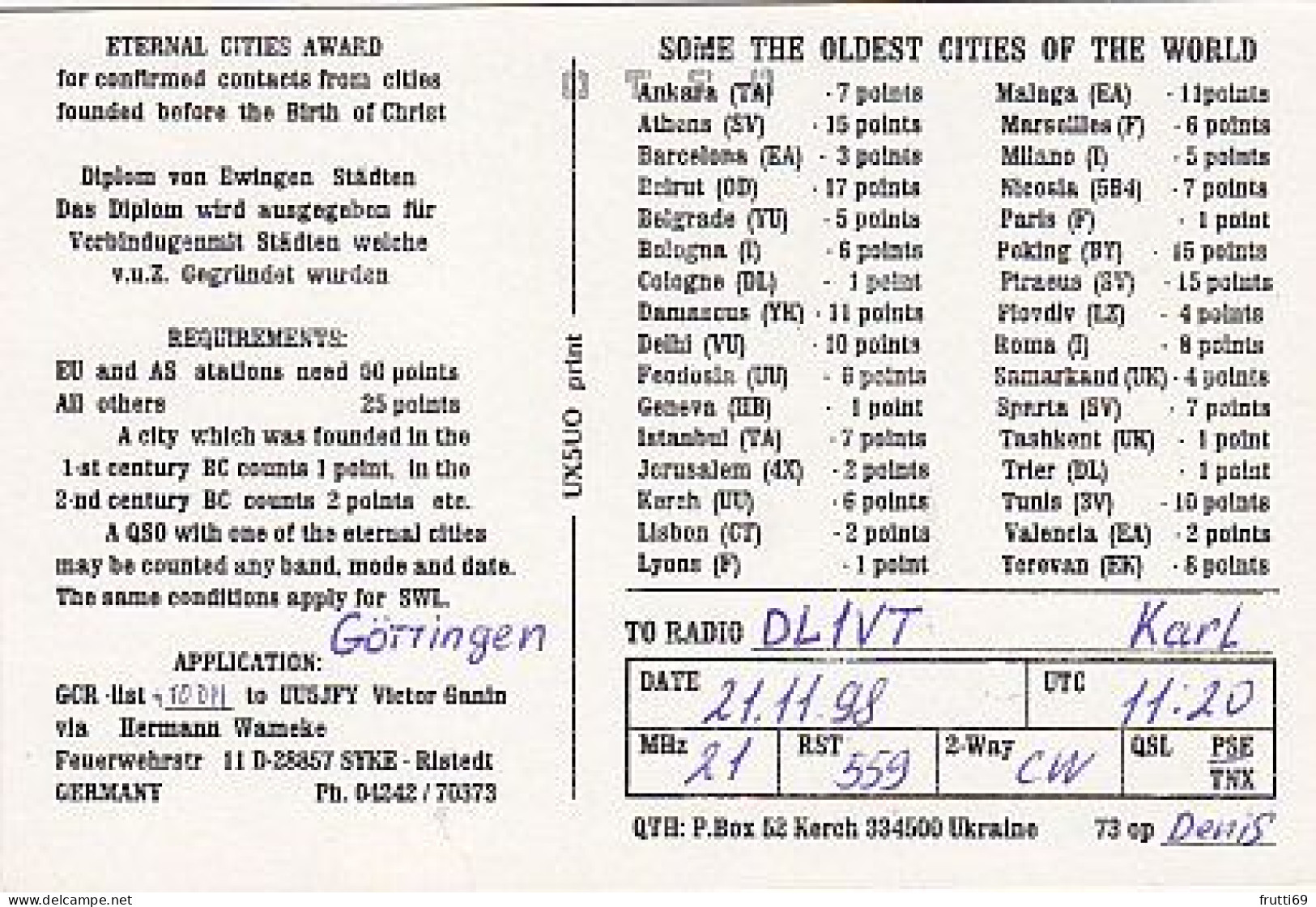 AK 210580 QSL - Eternal Cities Award - Radio Amateur