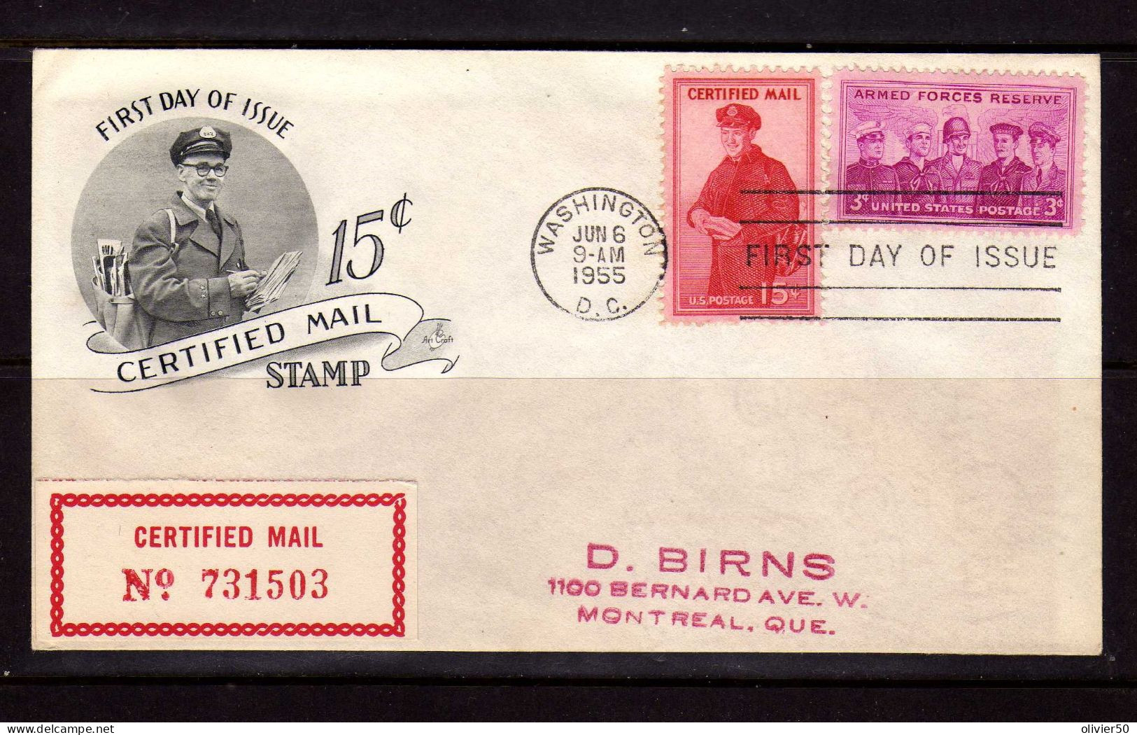 Etats-Unis - 1955 - FDC - Certified Mail Stamp - Pour Le Canada - 1951-1960