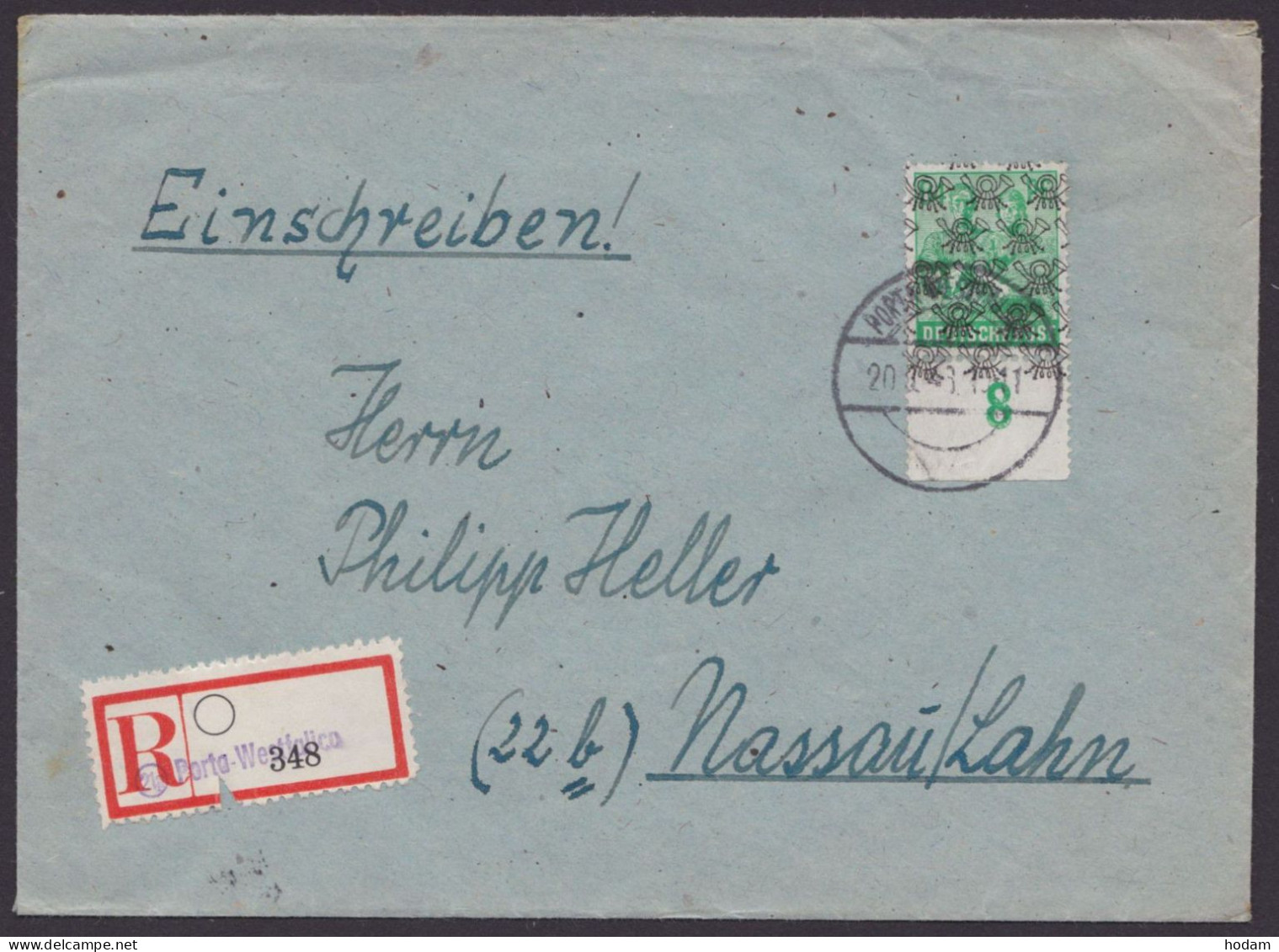 MiNr 51 II, UR-Stück Als EF, R-Brief "Porta Westfalica", 20.8.48, Ankunft - Briefe U. Dokumente