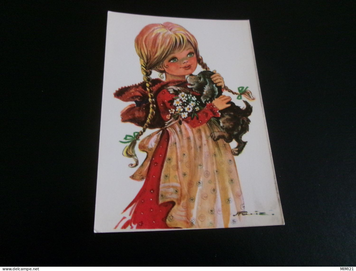 BELLE ILLUSTRATION...PETITE FILLE A COUETTES AVEC UN CHIEN..SIGNE RUIZ ??? - Other & Unclassified