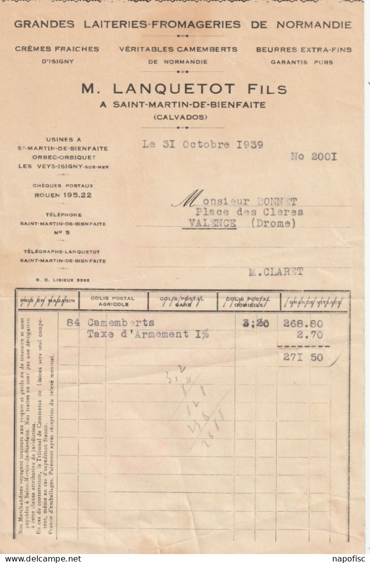 14-Lanquetot & Fils...Grandes Laiteries-Fromageries De Normandie..Saint-Martin-de-Bienfaite...(Calvados)....1939 - Alimentare