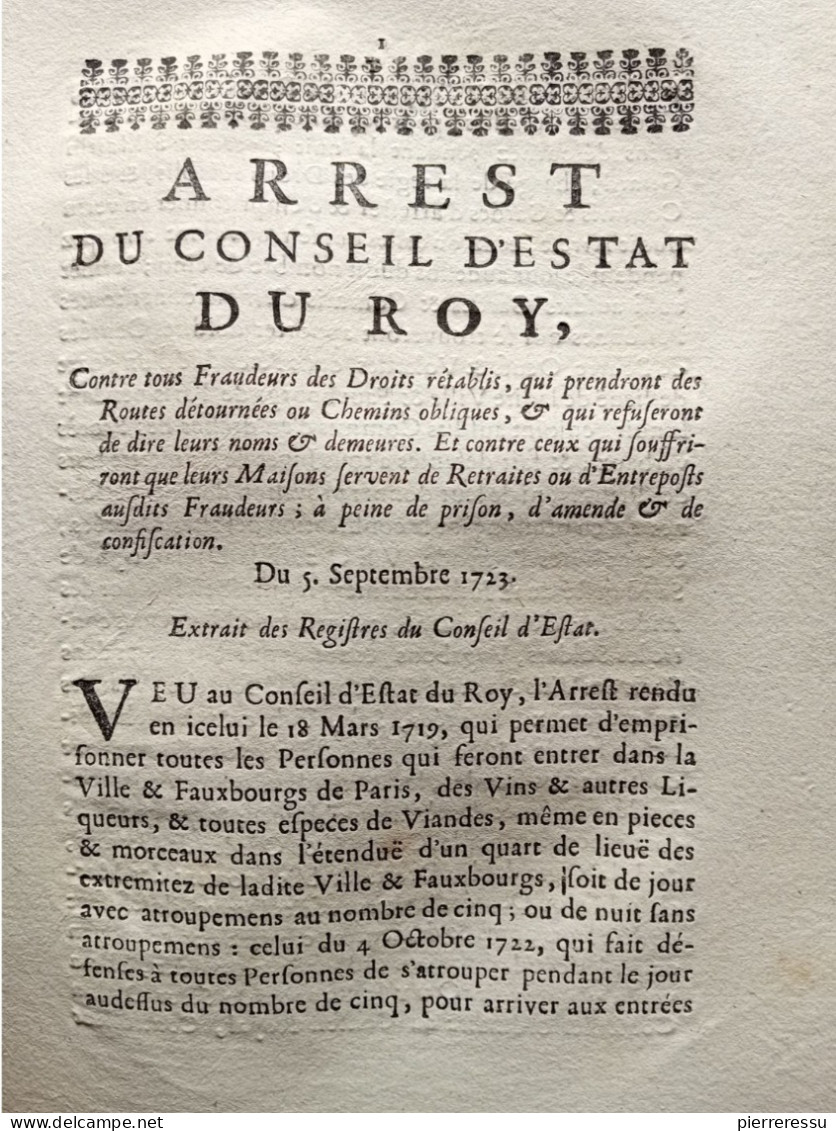 CONTRE FRAUDEURS ROUTES DETOURNEES PEINE DE PRISON ARREST CONSEIL D ETAT DU ROI 1723 - Wetten & Decreten