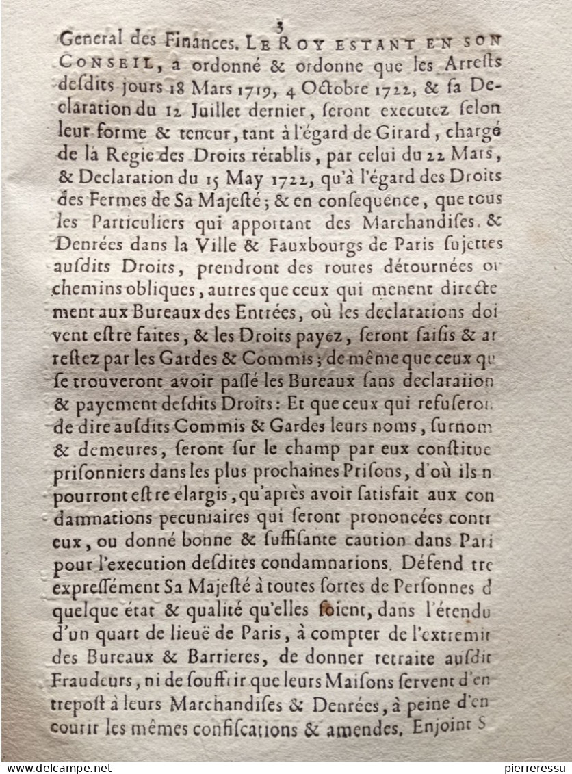 CONTRE FRAUDEURS ROUTES DETOURNEES PEINE DE PRISON ARREST CONSEIL D ETAT DU ROI 1723 - Decretos & Leyes