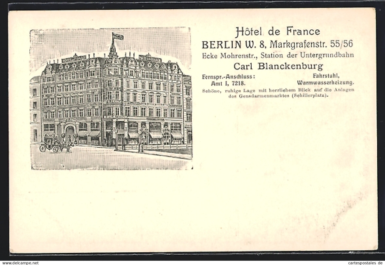 Lithographie Berlin, Hotel De France, Markgrafenstrasse 55 /56  - Mitte