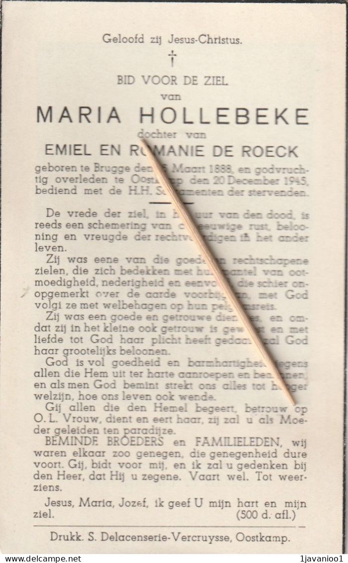 Brugge, Oostkamp, 1945, Maria Hollebeke, De Roeck - Devotion Images