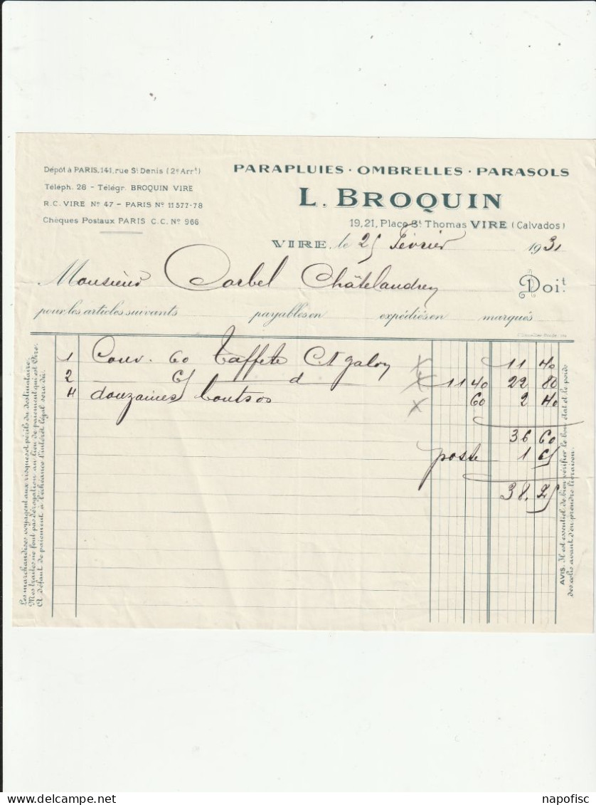 14-L.Broquin....Parapluies-Ombrelles-Parasols..Vire..(Calvados)....1931 - Otros & Sin Clasificación