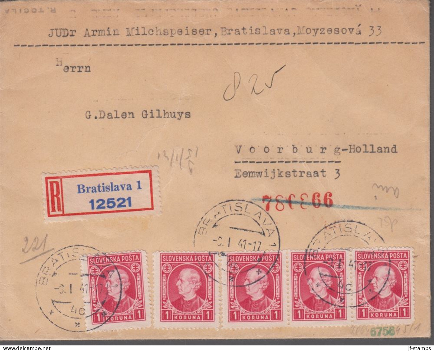 1941. SLOVENSKO 5 Ex 1 KORUNA Hlinka On Registered Cover To Voorburg-Holland. Interesting Cove... (Michel 40) - JF419016 - Briefe U. Dokumente