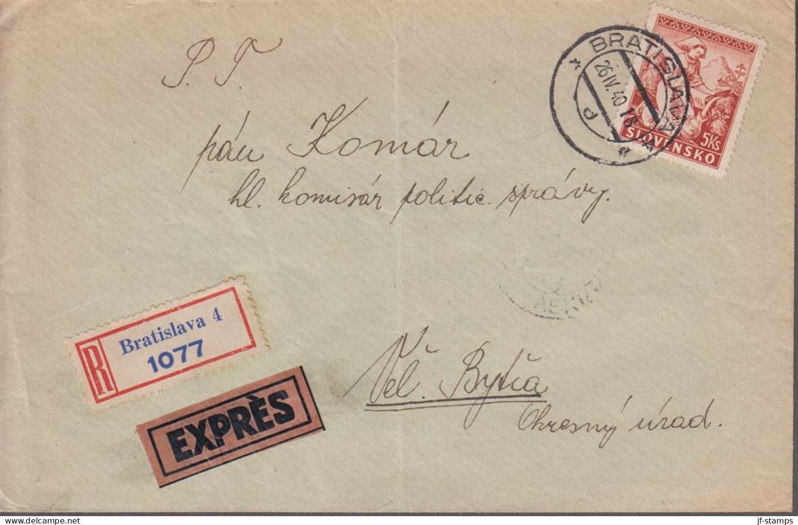 1940. SLOVENSKO 5 Ks Volklore On Registered EXPRESS Cover To Bytia From BRATISLAVA 26.IV.40.  (Michel 45B) - JF419017 - Covers & Documents