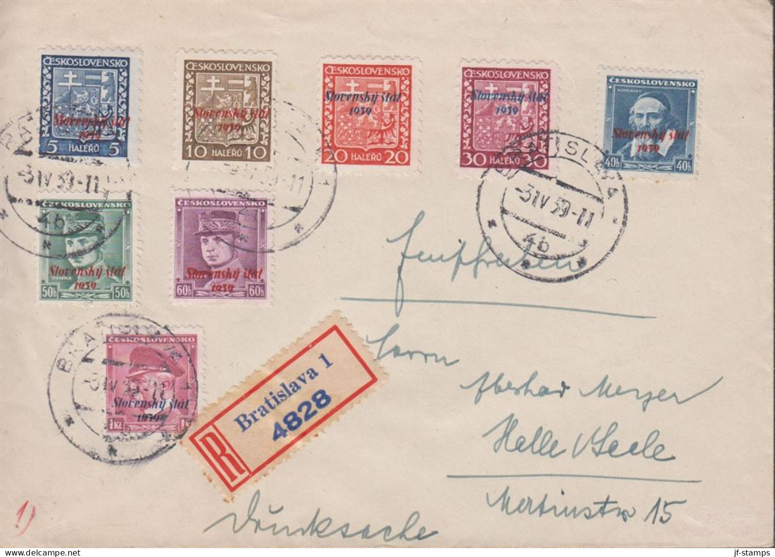 1939. SLOVENSKO Slovensky Stat 1939. Cover With 5, 10, 20, 30, 40, 50, 60 Heller  And 1 Kc Ca... (Michel 12+) - JF441401 - Lettres & Documents