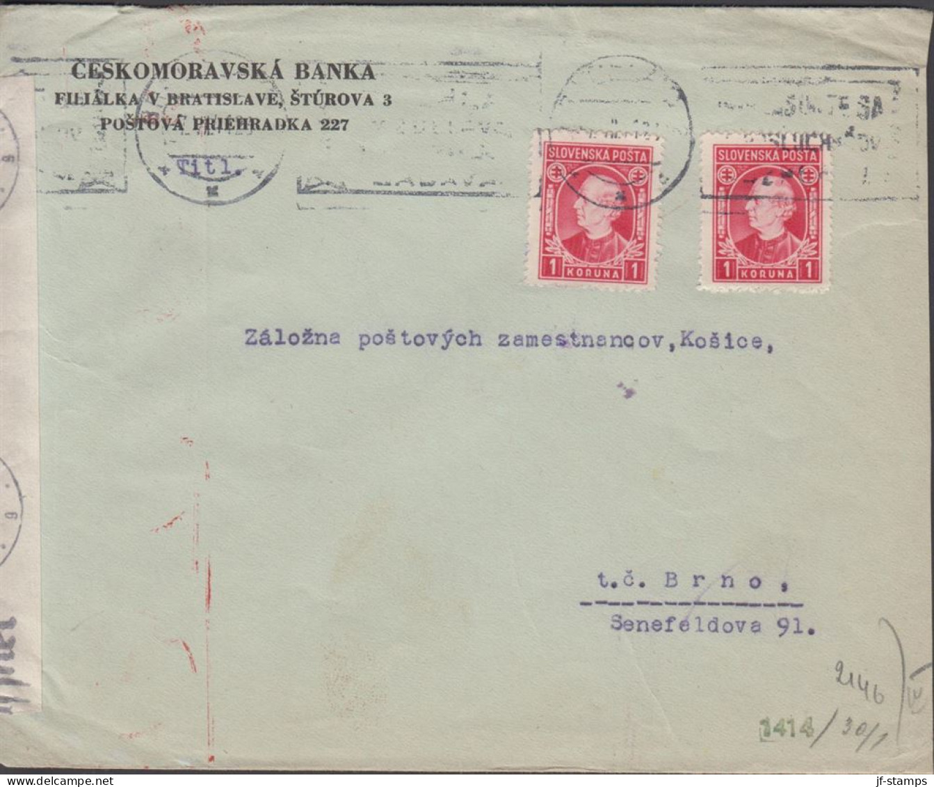 1940. SLOVENSKO Andrej Hlinka 2 Ex 1 KORUNA  On Fine Censored Cover To Brno With German Censor... (Michel 40) - JF441406 - Covers & Documents