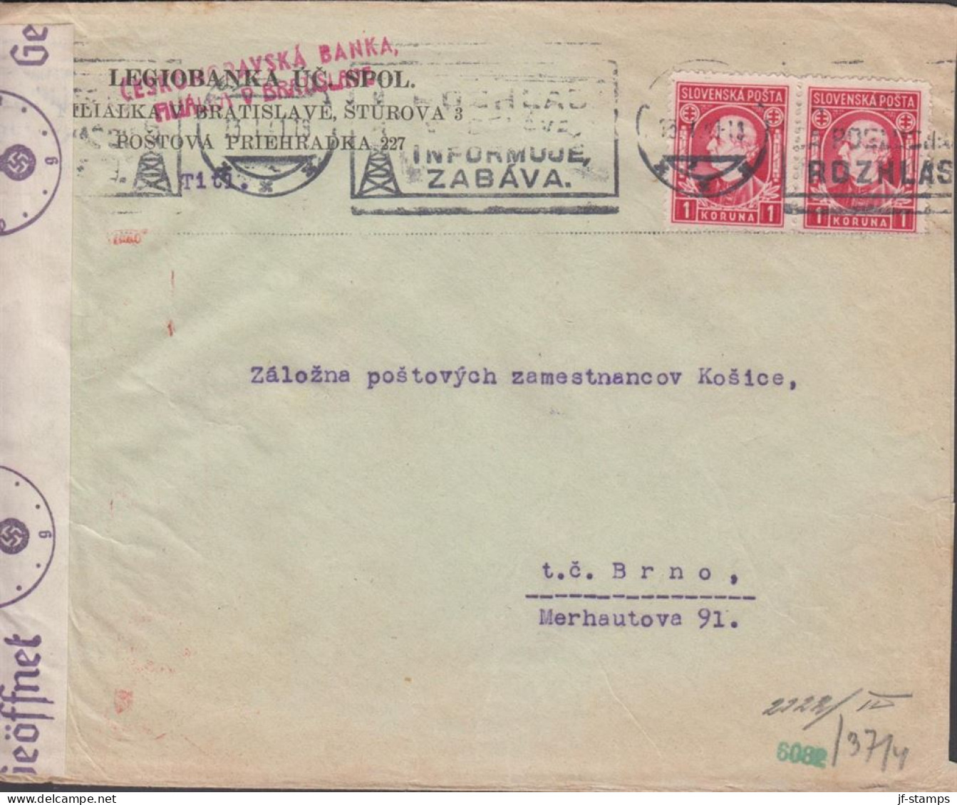 1941. SLOVENSKO Andrej Hlinka 1 KORUNA In Pair On Censored Cover To Brno With German Censor Ta... (Michel 40) - JF441408 - Cartas & Documentos