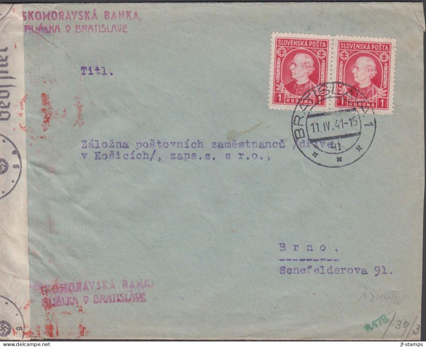 1941. SLOVENSKO Andrej Hlinka 1 KORUNA In Pair On Censored Cover To Brno With German Censor Ta... (Michel 40) - JF441410 - Briefe U. Dokumente