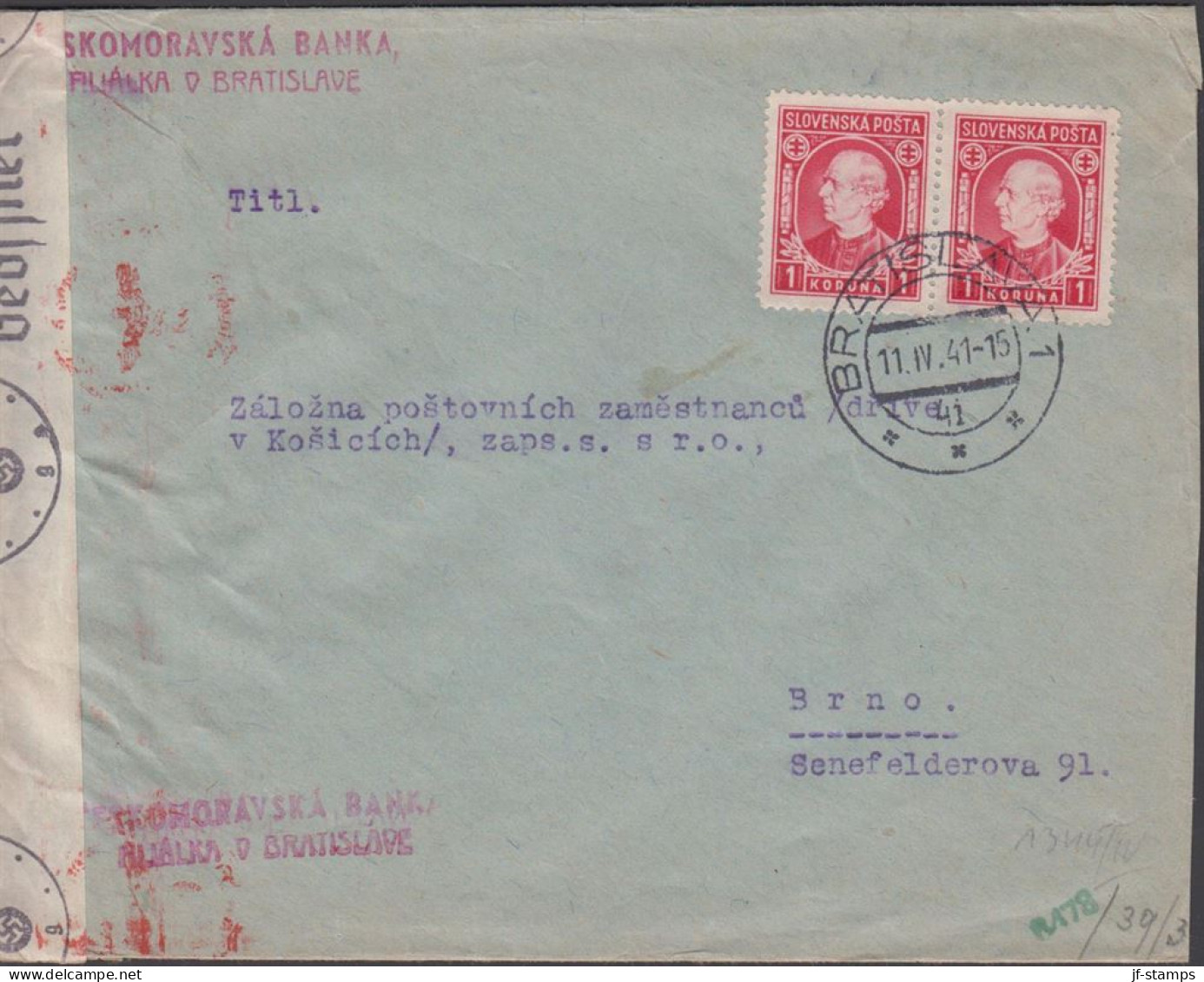 1941. SLOVENSKO Andrej Hlinka 1 KORUNA In Pair On Censored Cover To Brno With German Censor Ta... (Michel 40) - JF441410 - Covers & Documents