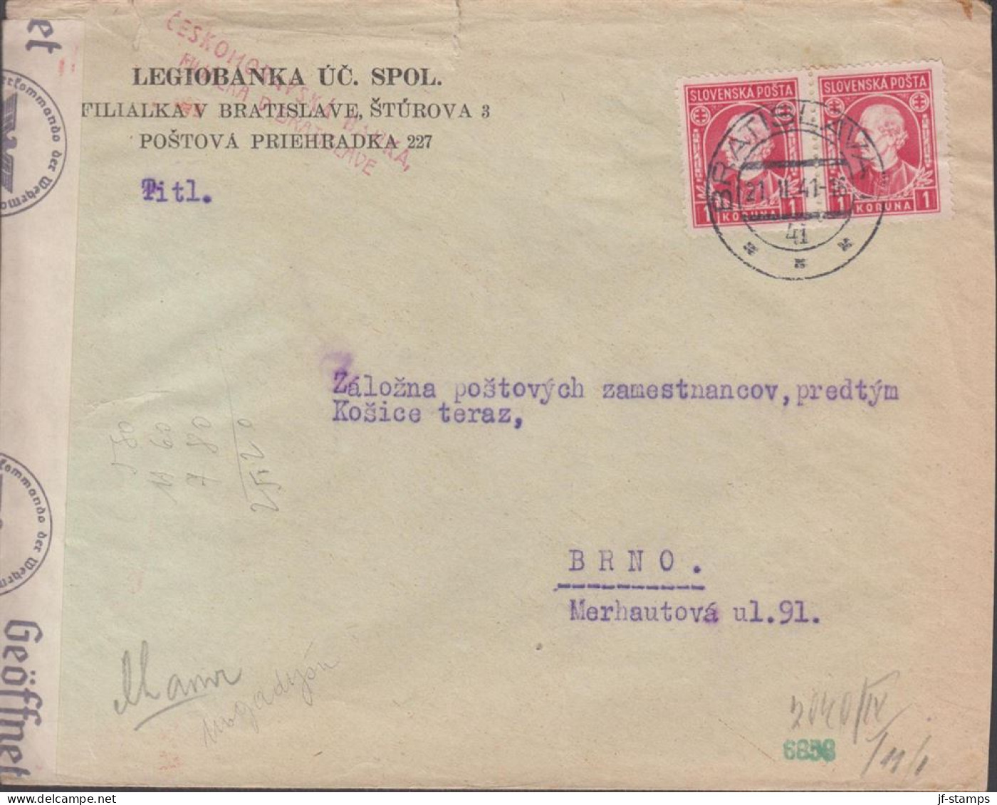 1941. SLOVENSKO Andrej Hlinka 1 KORUNA In Pair On Censored Cover To Brno With German Censor Ta... (Michel 40) - JF441411 - Cartas & Documentos