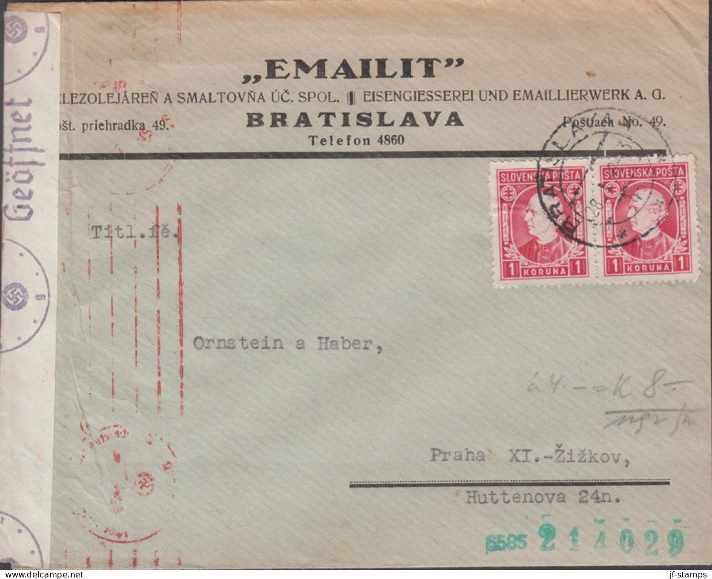 1942. SLOVENSKO Andrej Hlinka 1 KORUNA In Pair On Censored Cover To Brno With German Censor Ta... (Michel 40) - JF441413 - Brieven En Documenten