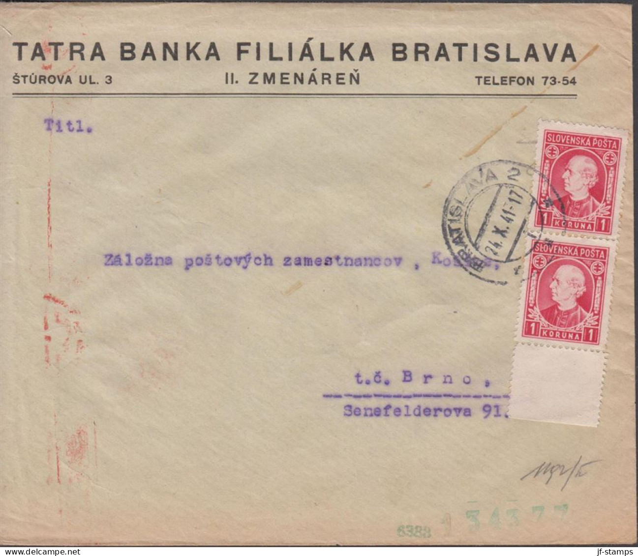 1941. SLOVENSKO Andrej Hlinka 1 KORUNA In Pair On Censored Cover To Brno With German Censor Ta... (Michel 40) - JF441414 - Covers & Documents