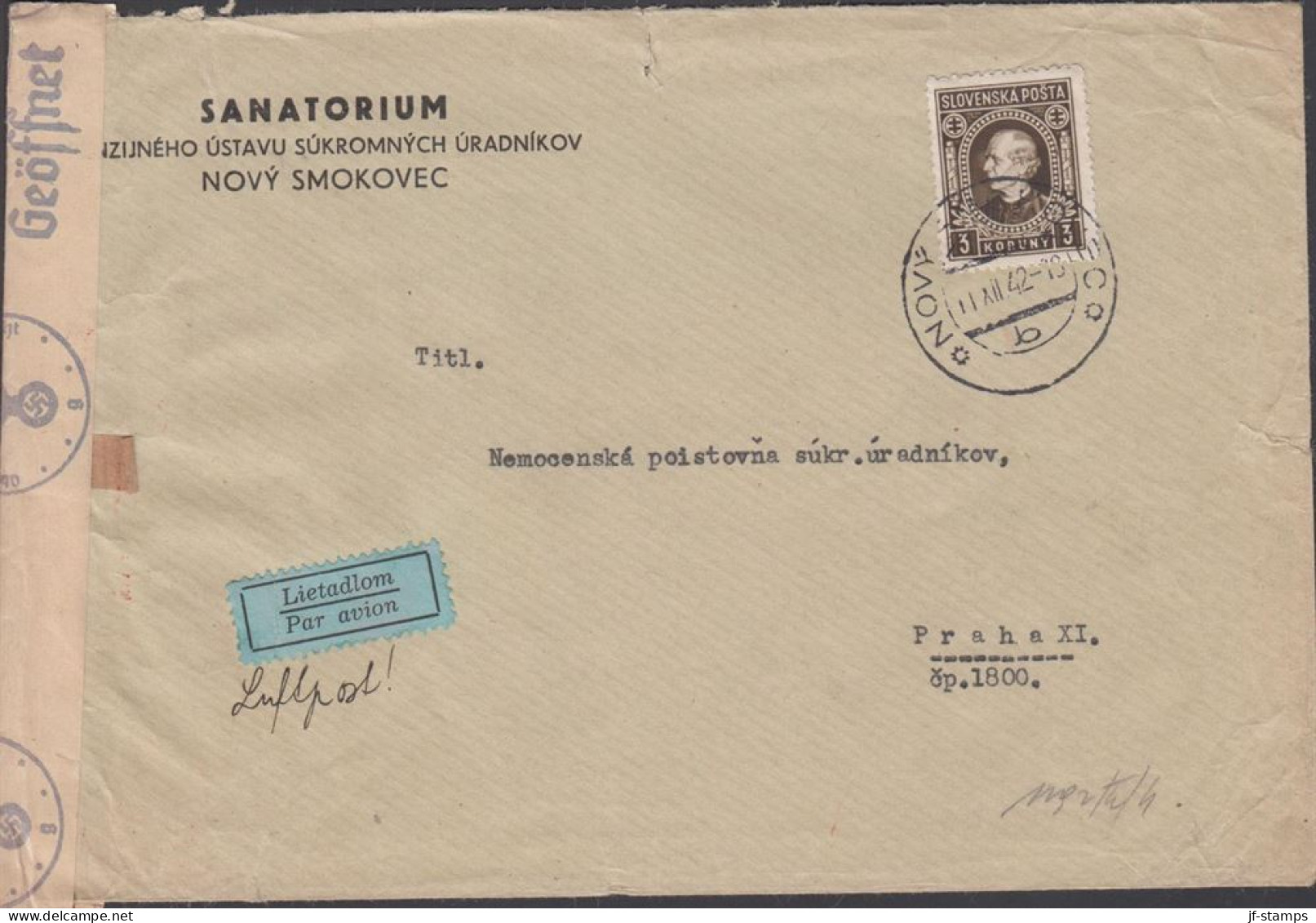 1942. SLOVENSKO Andrej Hlinka 3 KORUNY On Censored Cover Cancelled NOVY SMOKOVEC 11 XII 42 To ... (Michel 42) - JF441418 - Brieven En Documenten