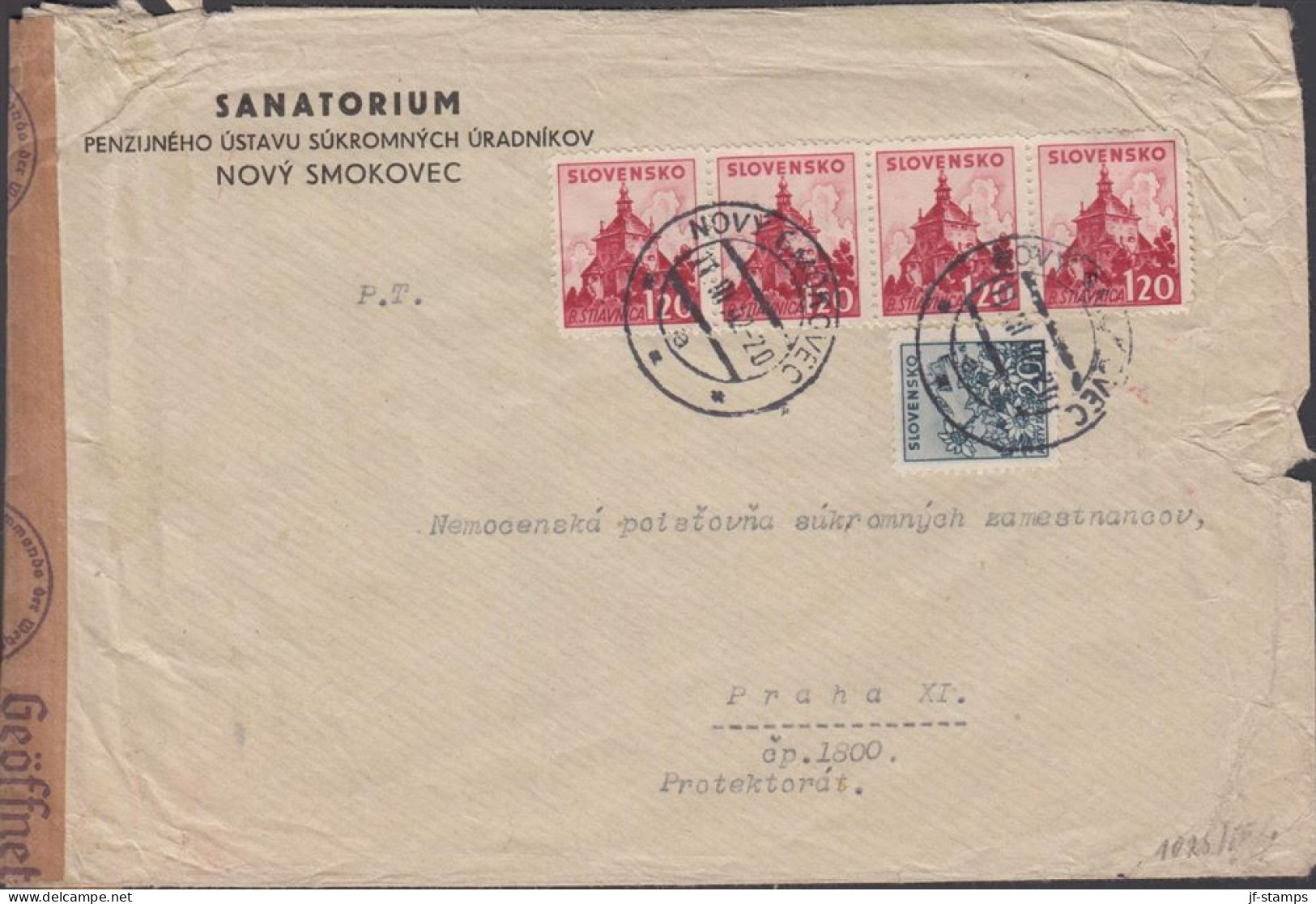 1942. SLOVENSKO 20 H + 4-stripe 1,20 Ks B. STIAVNICA On Cover (tears) To Praha Cancelled NOVY... (Michel 81+) - JF441424 - Storia Postale