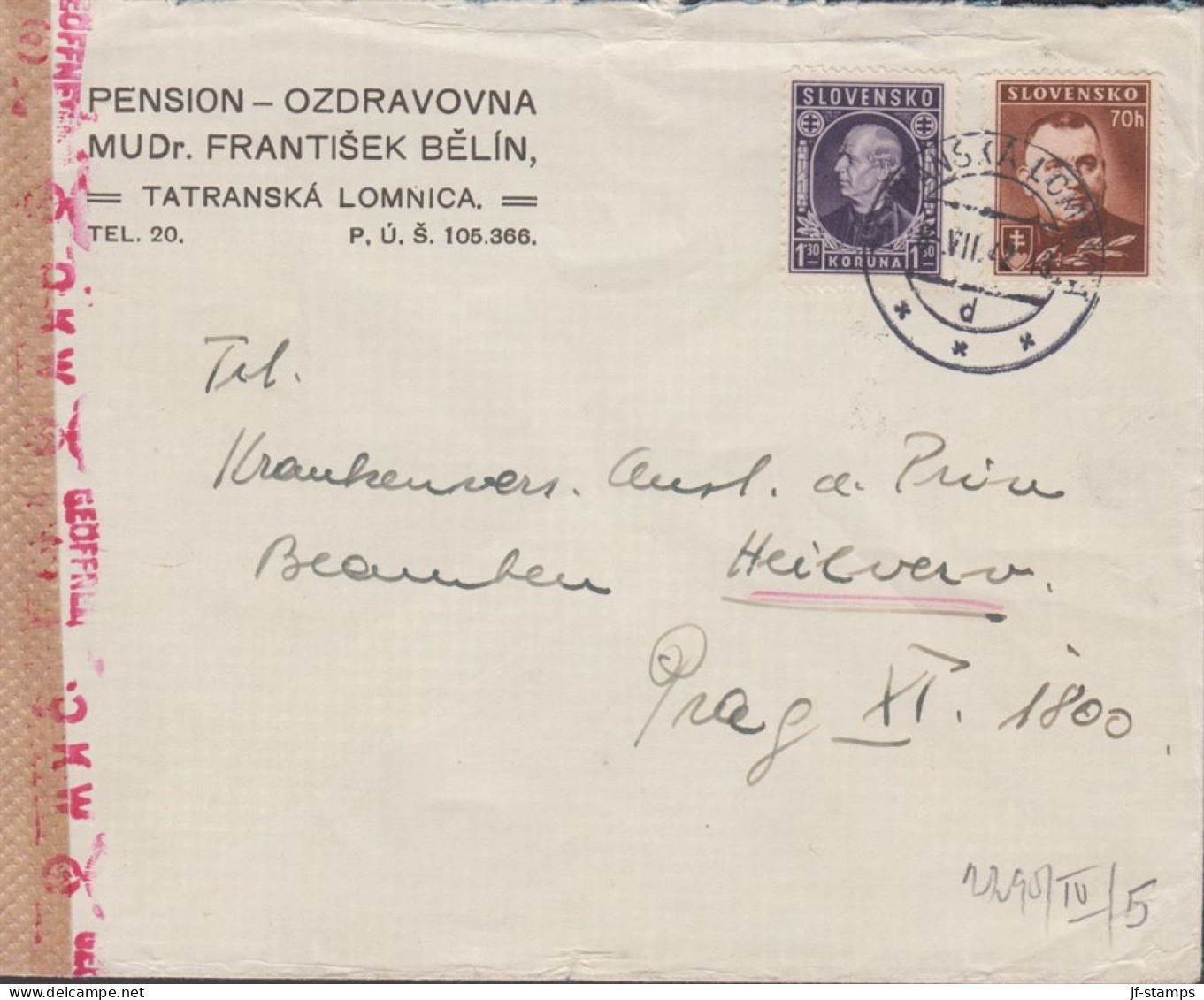 1942. SLOVENSKO 70 H Tito + 1,30 KORUNA Hlinka On Censored Cover To Prag Cancelled TATRANSKA ... (Michel 97+) - JF441425 - Brieven En Documenten