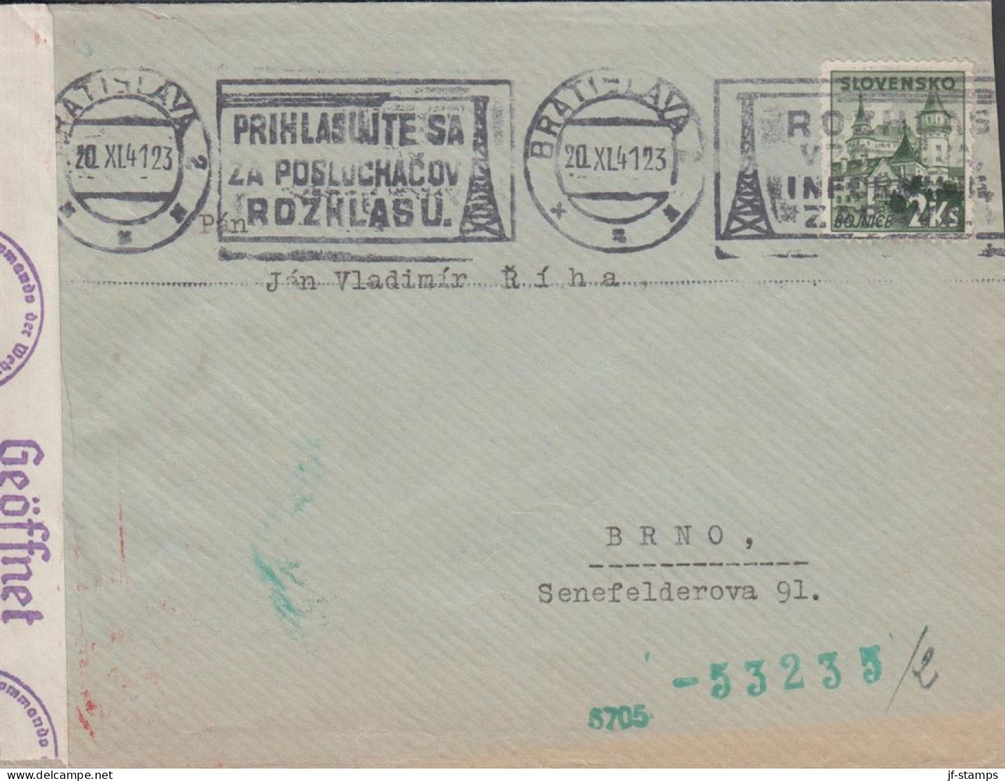 1941. SLOVENSKO 2 KS BOJNICE On Cover To Brno Cancelled With Interesting Slogancancel BRATISLA... (Michel 84) - JF441426 - Brieven En Documenten