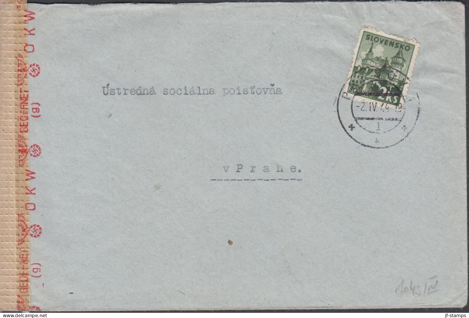 1944. SLOVENSKO 2 KS BOJNICE On Cover To Praha Cancelled PRESOV 2. IV. 44. Brown German Censor... (Michel 84) - JF441429 - Covers & Documents