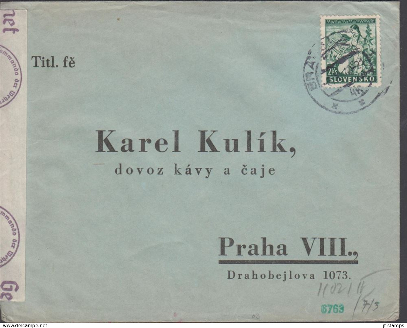 1940. SLOVENSKO 2 KS TATRA-WOMAN On Cover To Praha Cancelled BRATISLAVA. German Censortape Geö... (Michel 43) - JF441430 - Covers & Documents