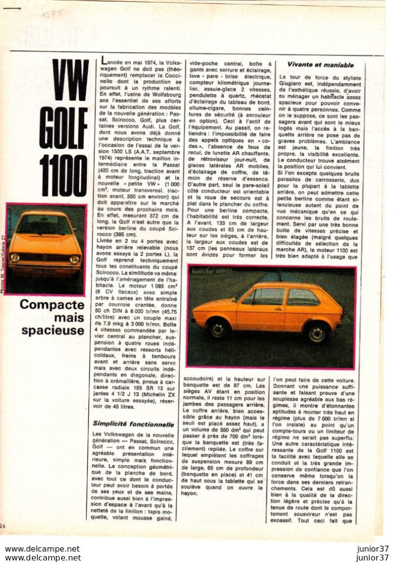 Feuillet De Magazine Volkswagen Golf 1975 - Auto's