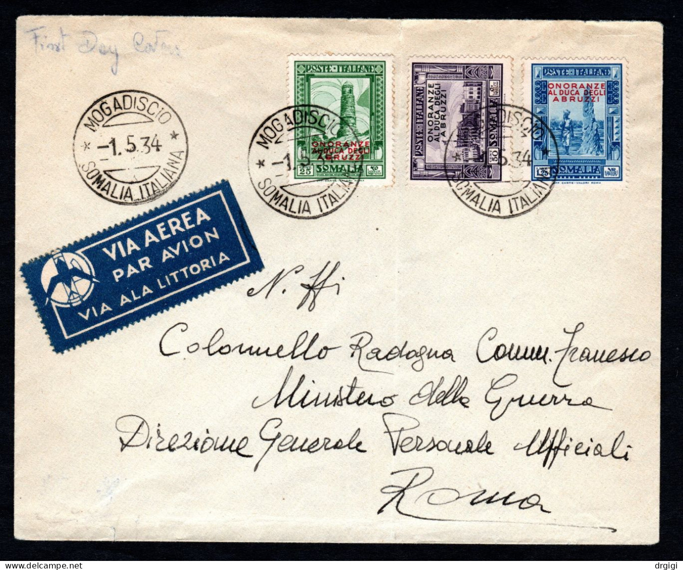 SOMALIA ITALIANA, BUSTA 1934, SASS. 186+187+188, MOGADISCIO X ROMA, FDC ?, RARO - Somalia