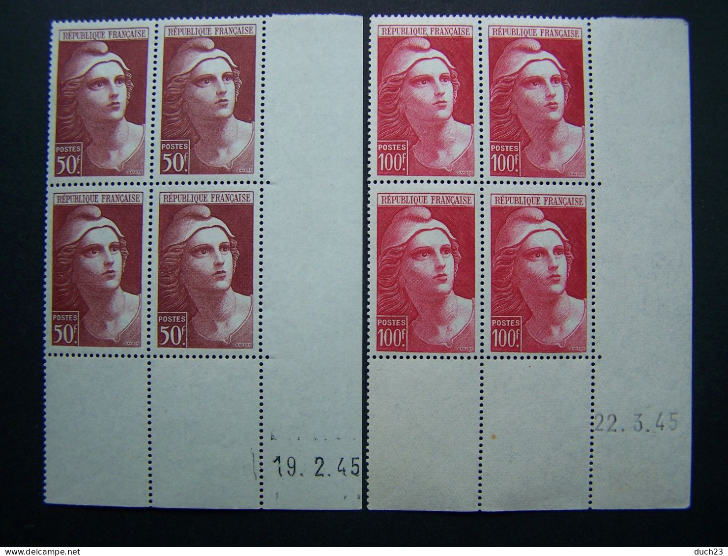 FRANCE NEUF ** SANS CHARNIERE N°732-733 MARIANNE DE GANDON LOT DE 2 COINS DATES COIN DATE 19.2.45 Et 22.3.45 1945 - 1940-1949